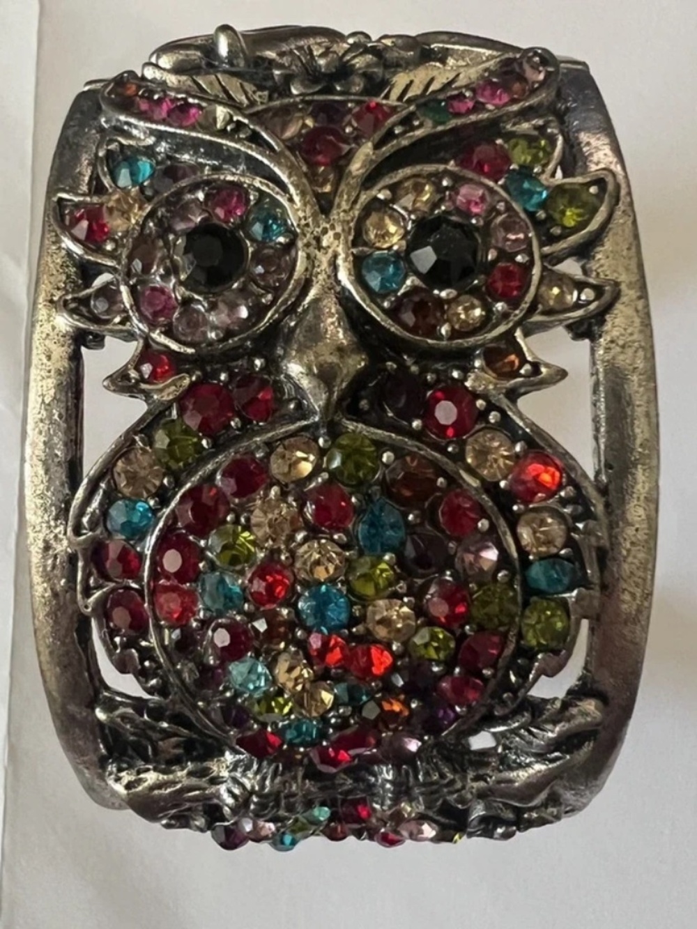 Owl and flowers Cuff Bracelet Multi-colored Rhinestones Brass Stretch Costume